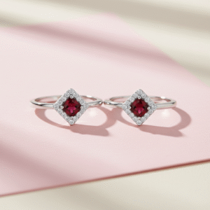 Square shape toe ring with red stone at center for women in pure silver