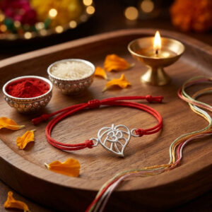 Om on leaf silver rakhi for brother in thread