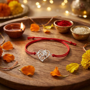 Om on leaf silver rakhi for brother in thread
