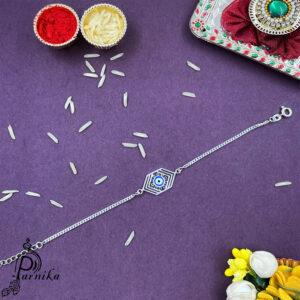 Pure silver hexagon shape evil eye rakhi bracelet for brother for rakshabandhan