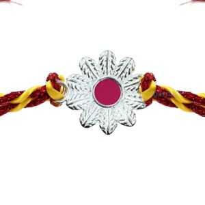 Pure silver flower rakhi with pink in the middle for brother in thread