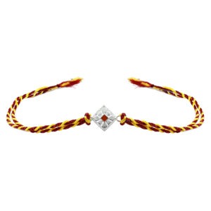 Pure silver rakhi in square shape with orange color at center