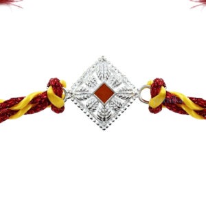 Pure silver rakhi in square shape with orange color at center