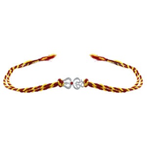 Close-up of Enamel Trishul Thread Rakhi in 925 Sterling Silver