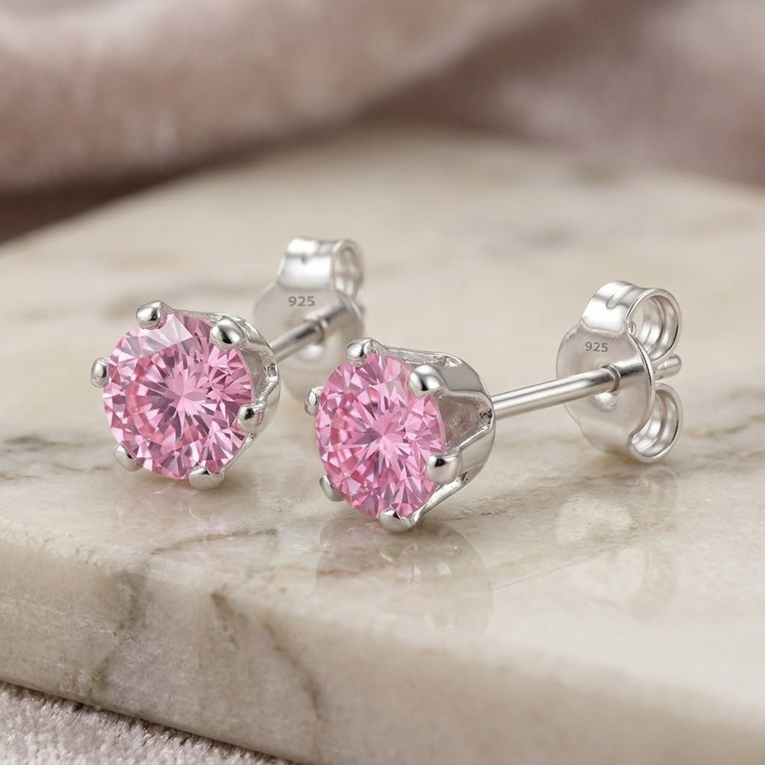 MJER0243-2 Pure silver studs with pink color stone