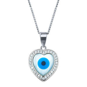 Evil eye Zircons studded heart shape pendent in 92.5 certified pure silver from parnika