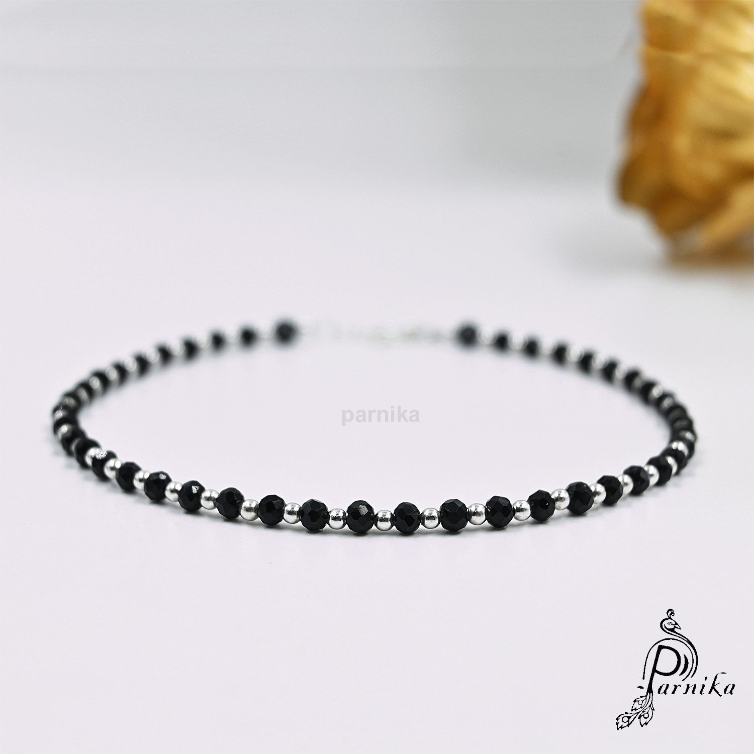 MJPL0034H 4 Adjustable silver nazariya anklet payal with black & silver beads
