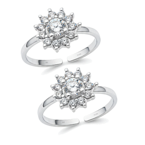 Toe ring in floral pattern with cz in pure silver