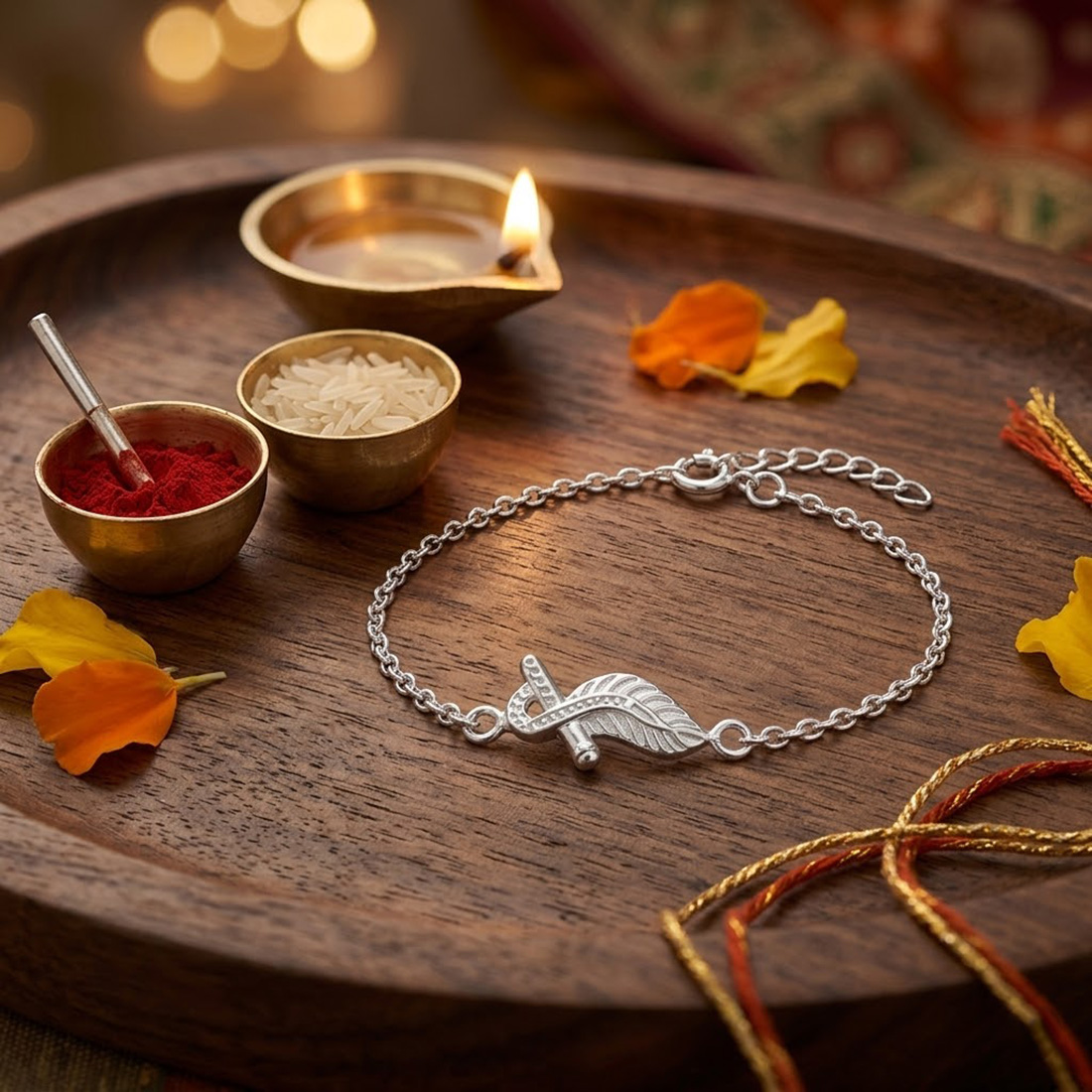 261 (2) Flute with Mor Pankh Rakhi Bracelet in 925 Silver