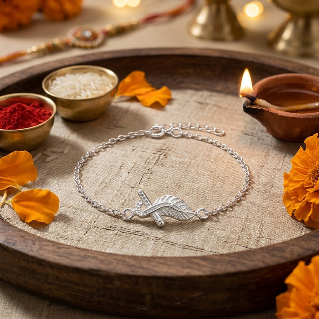 261 (3) Flute with Mor Pankh Rakhi Bracelet in 925 Silver