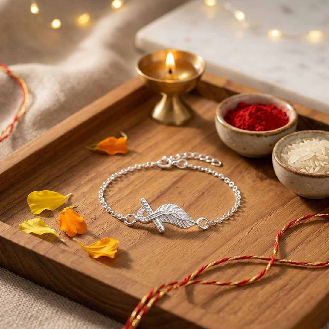 261 (6) Flute with Mor Pankh Rakhi Bracelet in 925 Silver