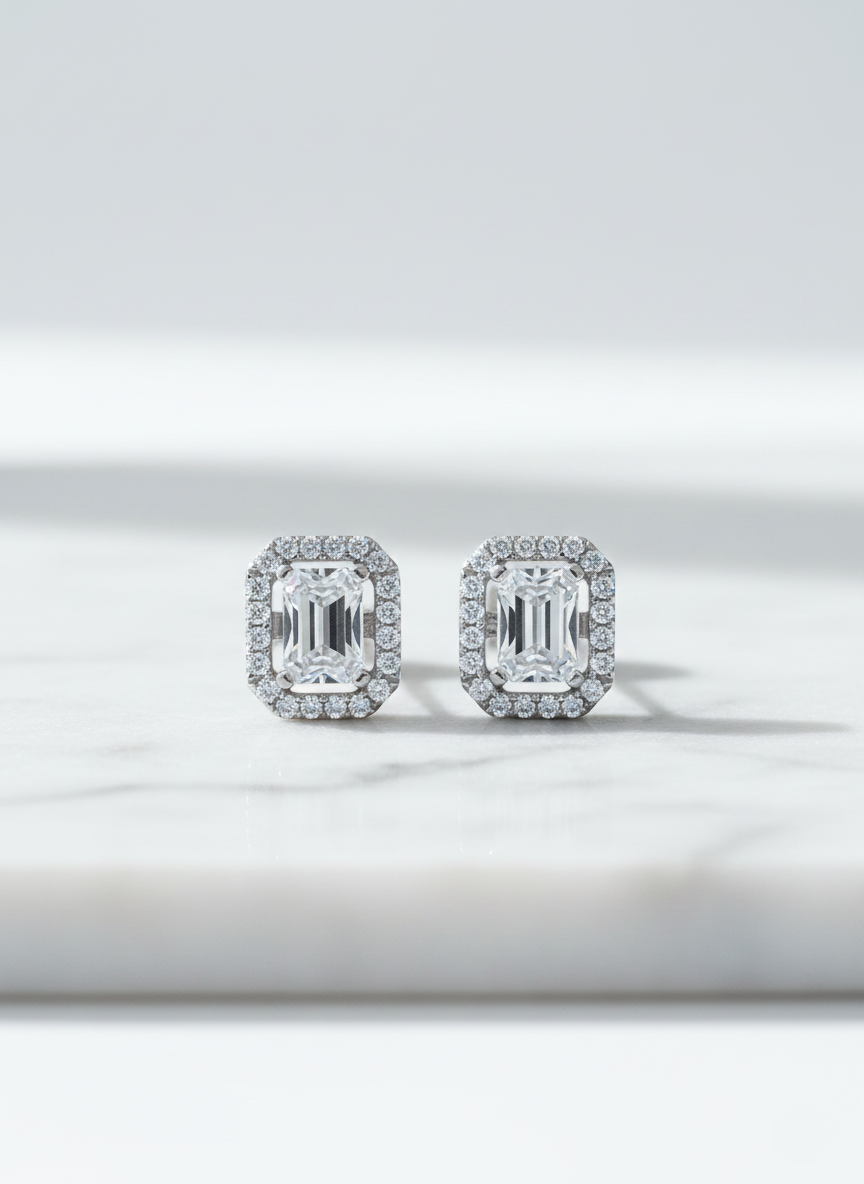 Emerald Cut CZ Halo Earrings Emerald Cut CZ Halo Earrings