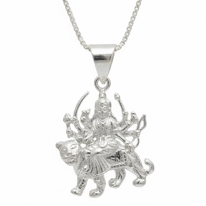 Multi-armed Sherawali Mata goddess pendant with intricate detailing, mounted on lion figurine, silver color with traditional Hindu deity design