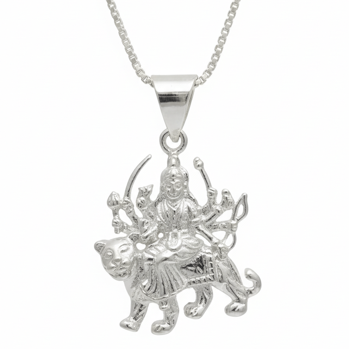 Multi-armed Sherawali Mata goddess pendant with intricate detailing, mounted on lion figurine, silver color with traditional Hindu deity design