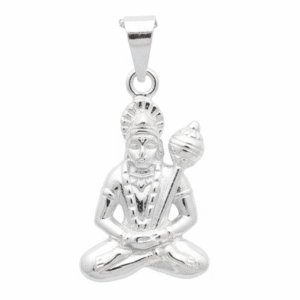 Seated Hanuman Pendant - Lord Hanuman holding mace in meditation posture with polished silver finish