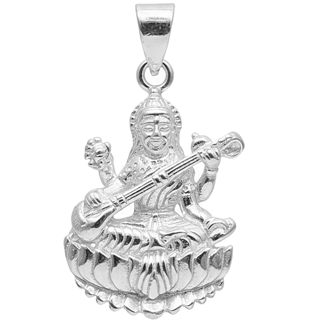 MJPD0089 1 Saraswati Goddess Lotus Pendant - Sterling Silver Hindu Deity Pendant with Veena and Ornate Lotus Base