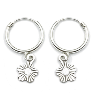 Shell fan charm hoops with ornate radiating design in polished finish