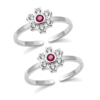 Floral dual-tone adjustable toe rings with red ruby center stone and white crystal snowflake design