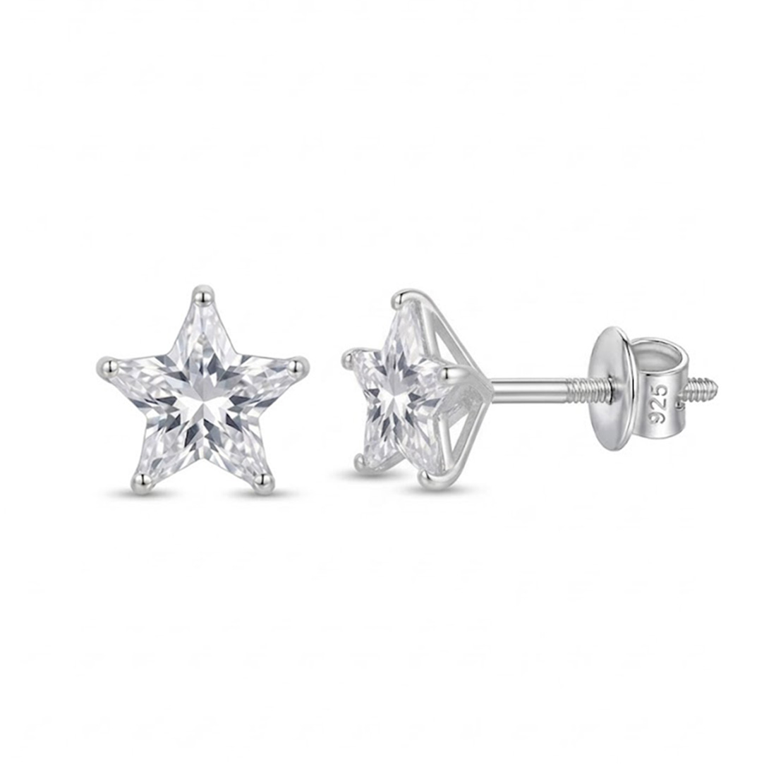 1 White star CZ earrings screw back clutch - unisex cubic zirconia stud earrings for kids and adults