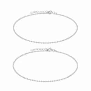 Pair of fine silver anklets with tiny ball details, clasps and extension chains