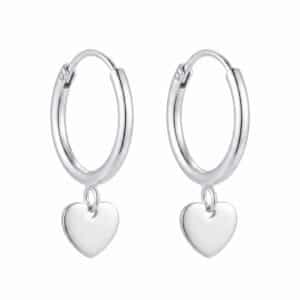 Pair of polished 925 sterling silver hoop earrings with hanging heart charms