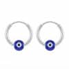 Pair of 925 sterling silver hoop earrings with blue evil eye charm beads