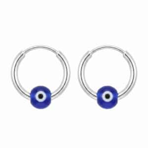 Pair of 925 sterling silver hoop earrings with blue evil eye charm beads