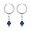 Pair of polished 925 sterling silver hoop earrings with royal blue faceted hanging beads