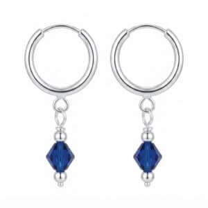 Pair of polished 925 sterling silver hoop earrings with royal blue faceted hanging beads